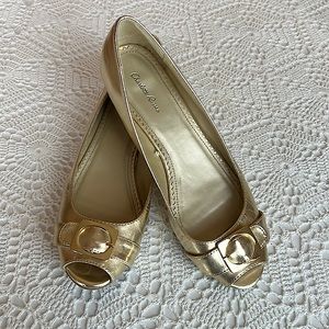 Gold Peep-Toe Ballet Flats with Buckle